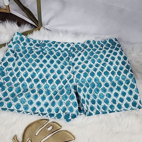 Linen Blend Patterned Ocean Blue Shorts Size 16 - Picture 1 of 7